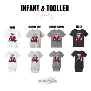 Rossville Dawgs Jersey infant and toddler tee and onesie in white, heather grey, granite heather, and black
