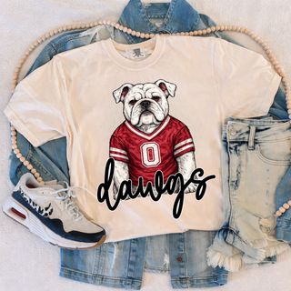 Rossville Dawgs Jersey ivory Comfort Colors tee with illustrated bulldog wearing red jersey and dawgs script
