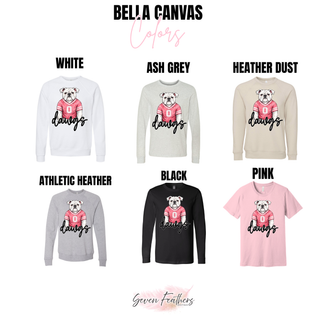 Rossville Dawgs Jersey Bella Canvas crewneck in white, ash grey, heather dust, athletic heather, black, and pink
