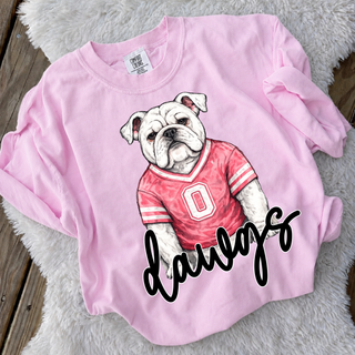 Rossville Dawgs Jersey pink Comfort Colors tee with illustrated bulldog wearing pink jersey and dawgs script

