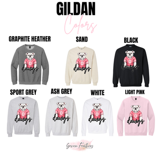 Rossville Dawgs Jersey Gildan crewneck in graphite heather, sand, black, sport grey, ash grey, white, and light pink
