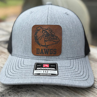 Close-up of the Rossville Dawgs bulldog leather patch Richardson 112 hat