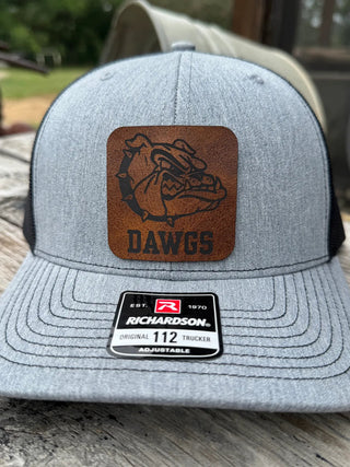 Rossville Dawgs bulldog leather patch on a Heather Grey and Black Richardson 112 hat