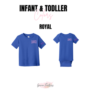 Royal infant and toddler apparel with a small leopard-print Dawgs pocket design and sleeve paw prints