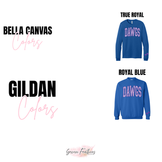 Bella+Canvas True Royal and Gildan Royal Blue tops with large Rossville Dawgs leopard-print lettering and paw print sleeve accents