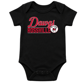 black newborn onesie with rossville dawgs lines legacy design featuring script dawgs, rossville lettering, and bulldog logo

