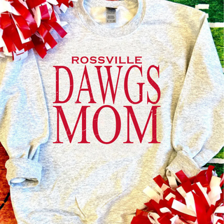 Ash grey crewneck with ROSSVILLE DAWGS MOM red varsity text and pom poms, adult unisex