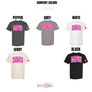Pink leopard DAWGS design shown on Comfort Colors garments in Pepper, Grey, White, Ivory, and Black