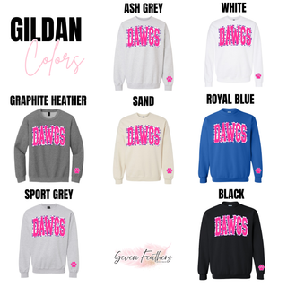 Pink leopard DAWGS design shown on Gildan garments in Ash Grey, White, Graphite Heather, Sand, Royal Blue, Sport Grey, and Black
