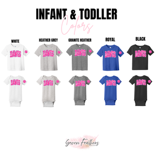 Pink leopard DAWGS design shown on Infant and Toddler garments in White, Heather Grey, Granite Heather, Royal, and Black