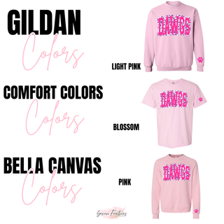 Pink leopard DAWGS design shown in Bella+Canvas Pink, Comfort Colors Blossom, and Gildan Light Pink