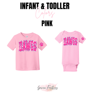 Pink leopard DAWGS design shown on Infant and Toddler garments in Pink