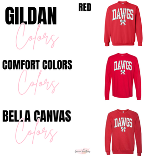 Rossville Dawgs Polka Dot Girly Bow on red Gildan crewneck, Comfort Colors long sleeve, and Bella Canvas crewneck
