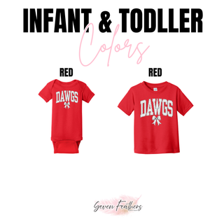 Rossville Dawgs Polka Dot Girly Bow infant tee and onesie in red with polka dot Dawgs lettering and bow on front
