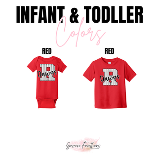 Red infant bodysuit and toddler tee showing the polka dot varsity R with Dawgs script across the front