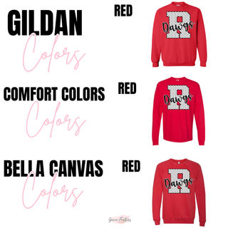 Red hoodie, long sleeve shirt, and crewneck showing the polka dot varsity R with Dawgs script