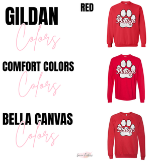 Rossville Dawgs Polka Dot Paw on red Gildan crewneck, Comfort Colors long sleeve, and Bella Canvas crewneck

