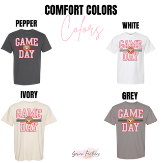 Rossville Dawgs Game Day basketball design with red polka dots shown on Comfort Colors garments in Pepper, White, Ivory, and Grey
