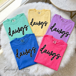 Rossville Dawgs SFB Script Comfort Colors tee in island reef, butter, neon violet, crunchberry, and flo blue
