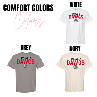 Rossville Dawgs Stack Classic Comfort Colors tee in white, grey, and ivory with Rossville Dawgs and bulldog mascot
