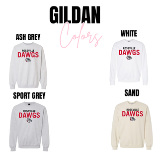 Rossville Dawgs Stack Classic Gildan crewneck color options in ash grey, white, sport grey, and sand
