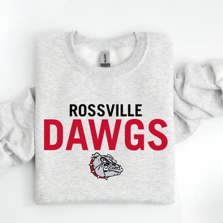 Ash grey Rossville Dawgs Stack Classic crewneck with Rossville Dawgs text and bulldog mascot graphic folded flat lay
