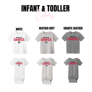 Rossville Dawgs Stack Classic infant tee and onesie in white, heather grey, and granite heather

