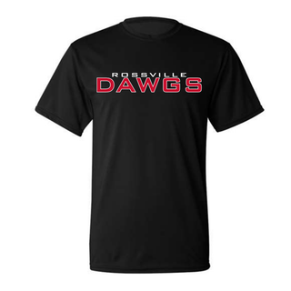 black dri-fit performance tee with rossville dawgs stack design featuring dawgs football text and red football helmet logo
