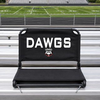 black stadium chair on bleachers with Rossville Dawgs design: white DAWGS text above bulldog mascot logo with red collar