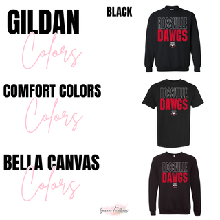 Rossville Dawgs The Standard in black showing Gildan crewneck, Comfort Colors tee and Bella Canvas crewneck
