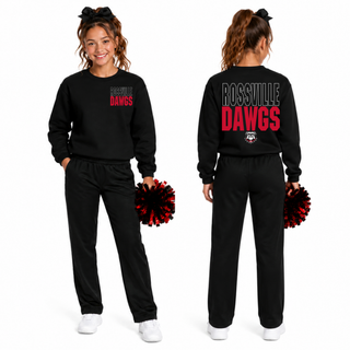 Cheerleader showing front and back of black Rossville Dawgs The Standard Plus Pocket crewneck with chest and back design
