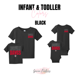 Rossville Dawgs The Standard Plus Pocket infant tee and onesie in black showing front chest and back design
