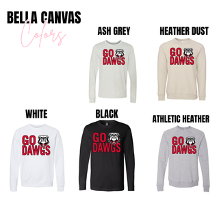 Rossville Go Dawgs Bold Bella Canvas crewneck and long sleeve in ash grey, heather dust, white, black, and athletic heather
