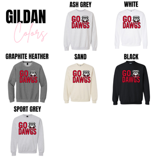 Rossville Go Dawgs Bold Gildan crewneck in ash grey, white, graphite heather, sand, black, and sport grey
