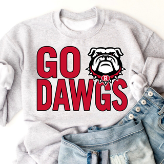 Ash grey Rossville Go Dawgs Bold crewneck with Go Dawgs and Rossville bulldog mascot graphic styled with denim
