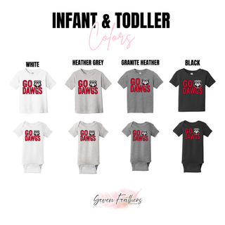 Rossville Go Dawgs Bold infant tee and onesie in white, heather grey, granite heather, and black
