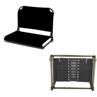 Black Rossville stadium seat product views showing front angle and back view with bleacher hooks and bungee lace connection for extra support