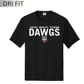 Black dri-fit performance shirt with How 'Bout Them Dawgs text and Rossville bulldog mascot on white background
