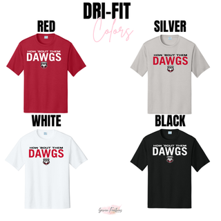 Rossville How 'Bout Them Dawgs dri-fit performance top in red, silver, white, and black with bulldog mascot
