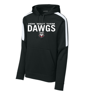 Black and white colorblock fan favorite hoodie with How 'Bout Them Dawgs text and Rossville bulldog mascot on front
