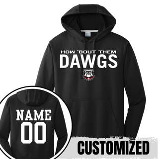 Black How 'Bout Them Dawgs performance hoodie showing front design and customized name and number on back
