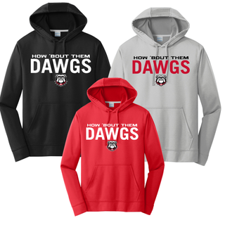 Rossville How 'Bout Them Dawgs performance hoodies in black, silver, and red with Dawgs text and bulldog mascot on front
