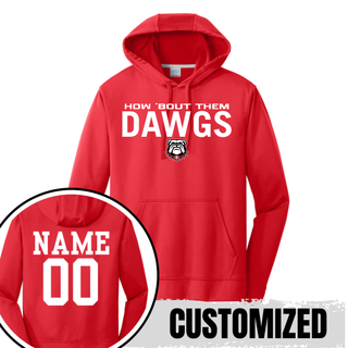 Red How 'Bout Them Dawgs performance hoodie showing front design and customized name and number on back
