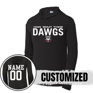 Black How 'Bout Them Dawgs PosiCharge Competitor pullover hoodie showing front design and customized name and number on back
