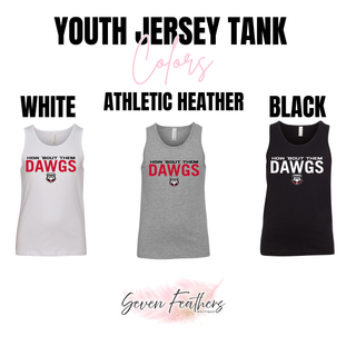 Rossville How 'Bout Them Dawgs tank top in black, white, and athletic heather with Dawgs text and bulldog mascot on front