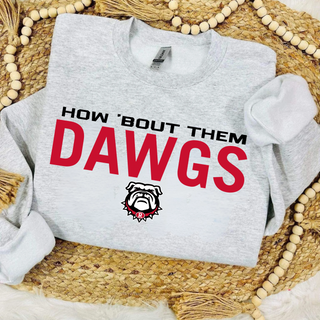 Ash grey Rossville How 'Bout Them Dawgs crewneck with bold black and red lettering and a bulldog design