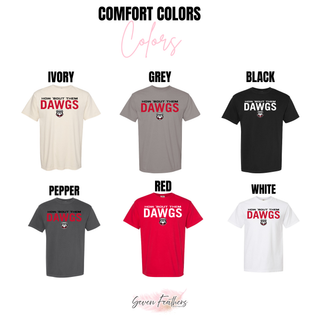 Rossville How 'Bout Them Dawgs tee in Comfort Colors Ivory, Grey, Black, Pepper, Red, and White
