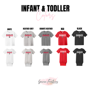 Rossville How 'Bout Them Dawgs Top in infant and toddler White, Heather Grey, Granite Heather, Red, and Black tees and onesies