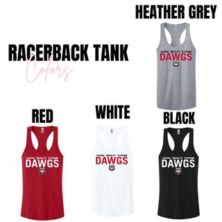 Rossville How 'Bout Them Dawgs women's racerback tank in heather grey, red, white, and black with Dawgs text and bulldog mascot
