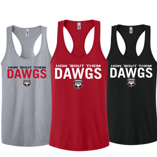 Rossville How 'Bout Them Dawgs women's racerback tank in heather grey, red, and black with Dawgs text and bulldog mascot on front

